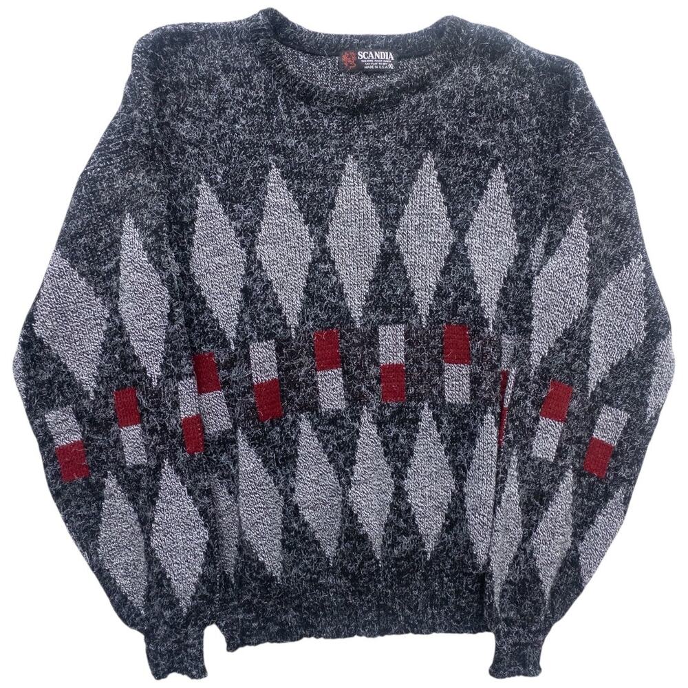 Scandia Vintage 90s Geometric Eyelash Pullover Grandpa Sweater Men's XL Gray Red
